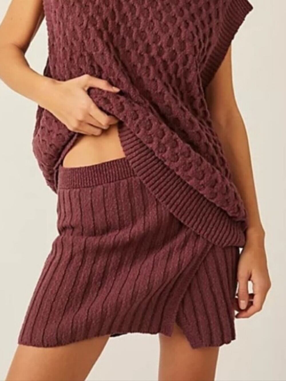 Free People Cable Knit Mini Skirt in Plum